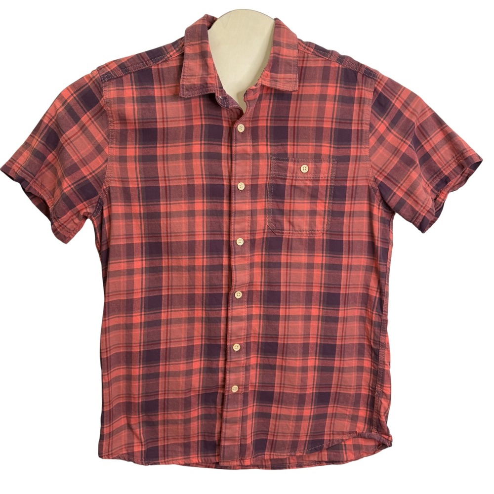 Grayers Clothiers  Medium Short Sleeve Plaid Button Down Shirt Coral Pink Preppy